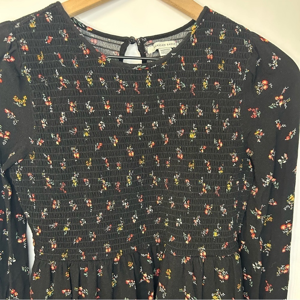 American Eagle Women’s Smocked Black Floral Long Sleeve Mini Dress, Size XS - Picture 3 of 7